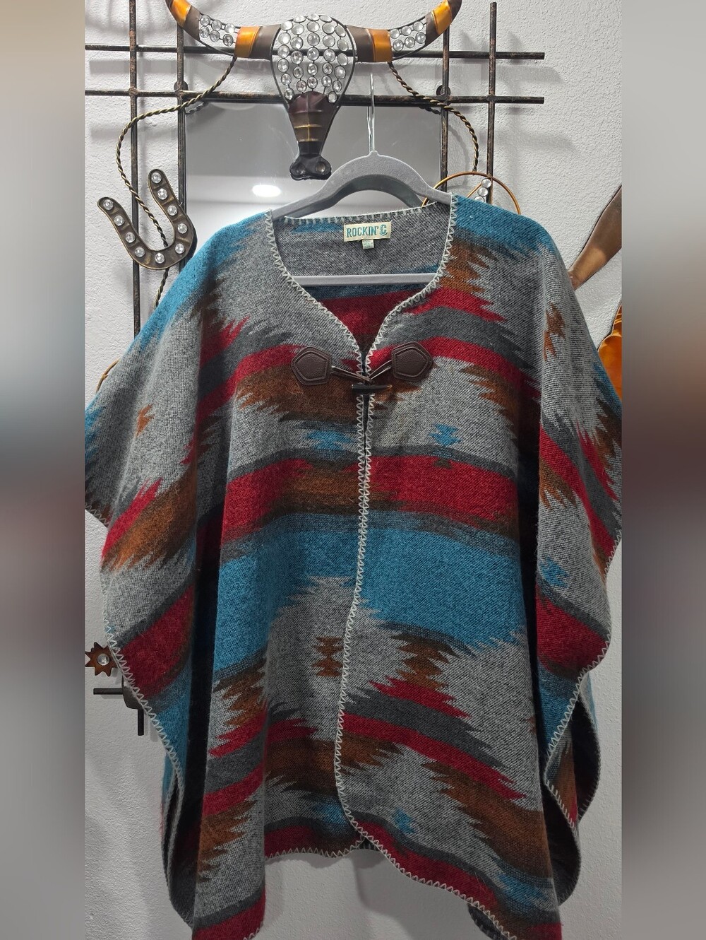 Rockin' C Patterned Aztec Poncho - Gray, Teal, Red, Brown